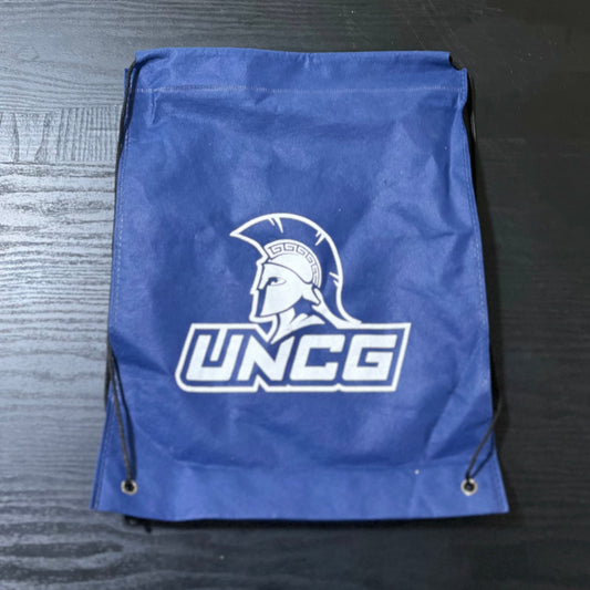 Backpack, Drawstring Navy with Spartan + UNCG White Imprint