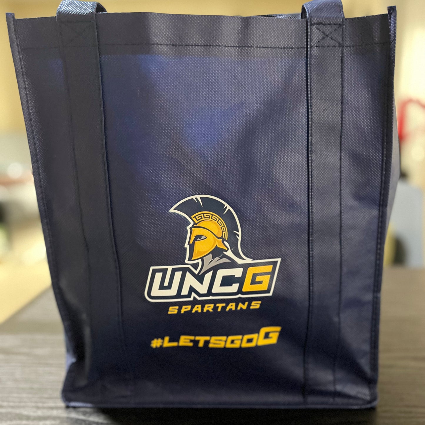 Tote Bag, Large, Non-woven Mesh, Navy with full-color Spartan Lockup + #letsgoG imprint