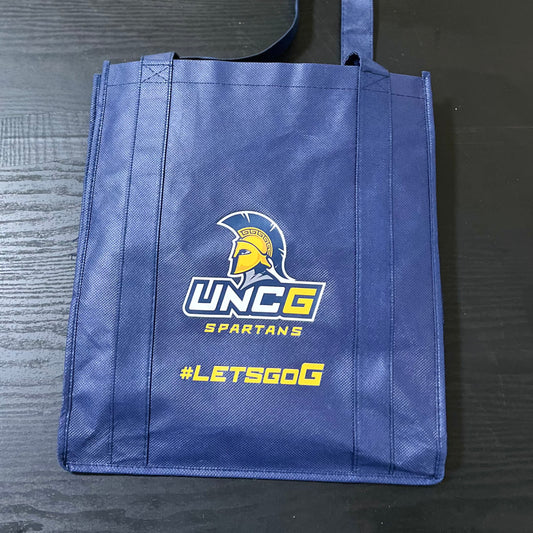 Tote Bag, Large, Non-woven Mesh, Navy with full-color Spartan Lockup + #letsgoG imprint