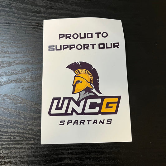 Decals "Proud to support our UNCG Spartans" (Dual-sided 4"x6" for windows and doors, good for offices, retail, restaurants)