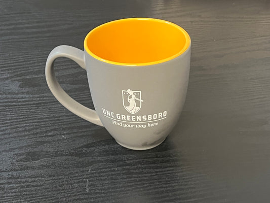 Coffee Mug (Matte Stoneware Bistro, Grey with Gold Interior) FYWH logo in White