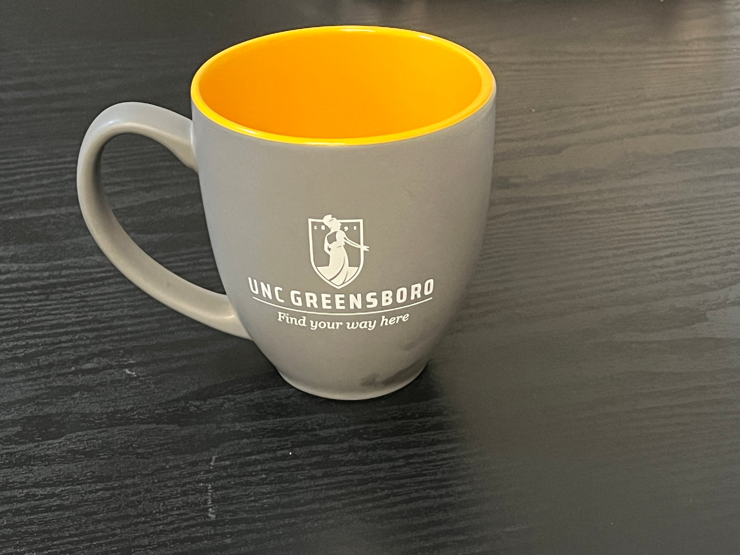 Coffee Mug (Matte Stoneware Bistro, Grey with Gold Interior) FYWH logo in White